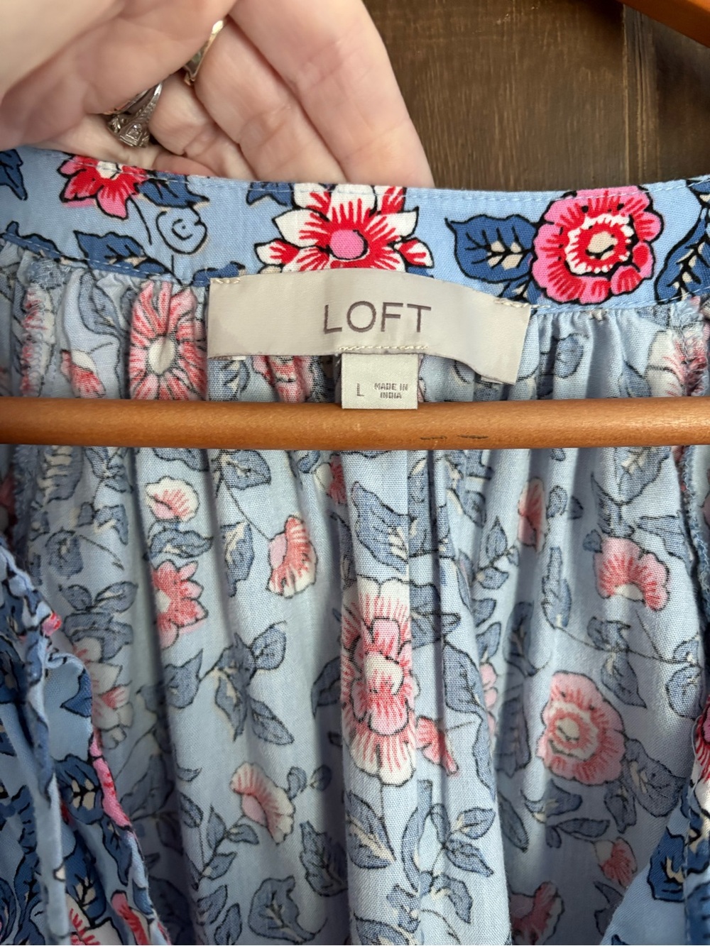 LOFT Light Blue Floral Puff Sleeve V-Neck Blouse with Red Accents - Picture 3 of 7